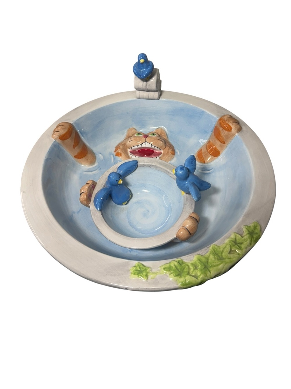 Vintage Ceramic Chip Take A Dip Serving Bowl Bird Bath Hiding Cat No Birds. 2pcs